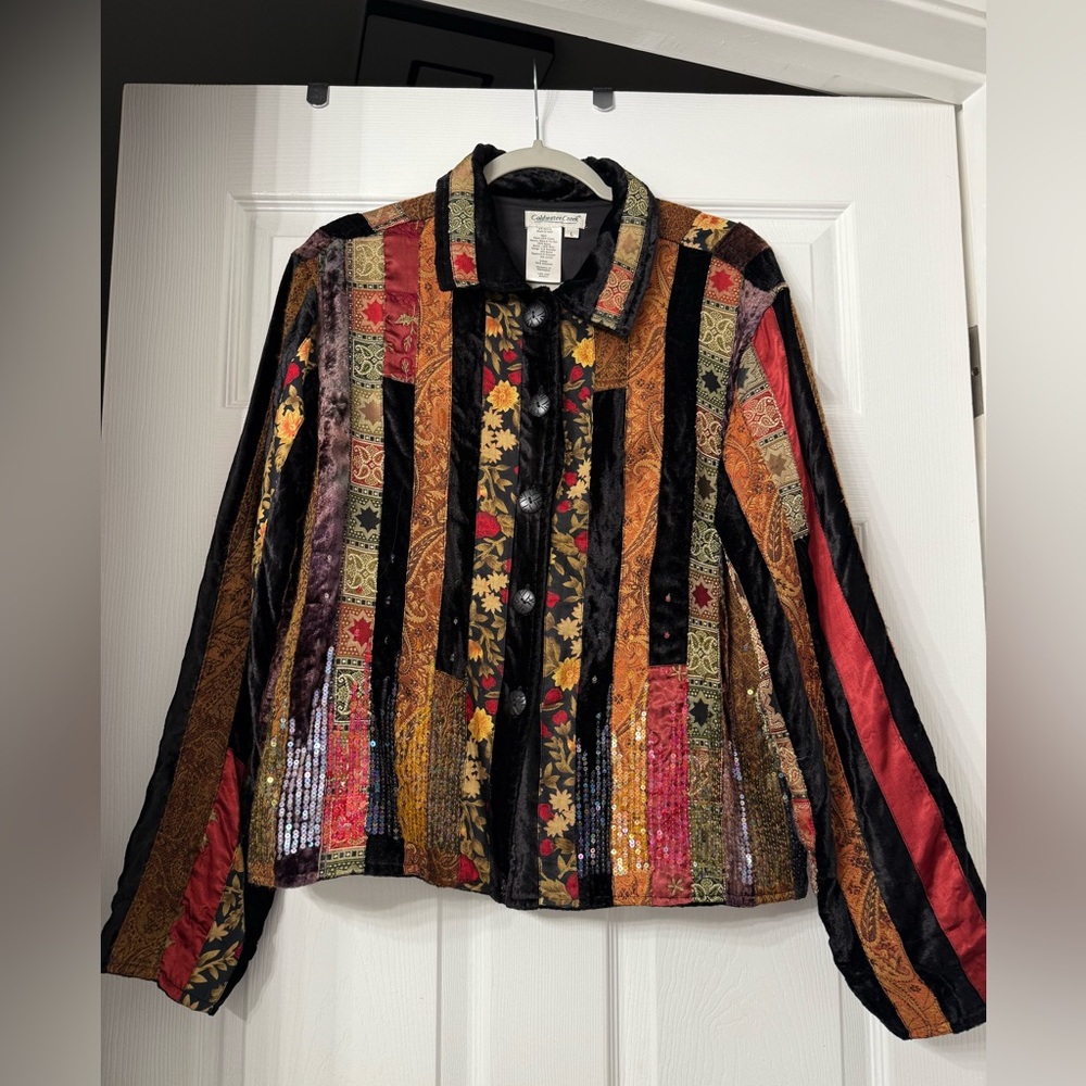 Vntg Coldwater Creek Patchwork Velvet Sequin Jacket L Art to Wear Boho Tapestry
